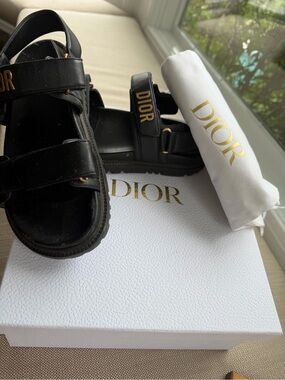 Dior Black Leather Logo Strap Sandals with Gold Accents